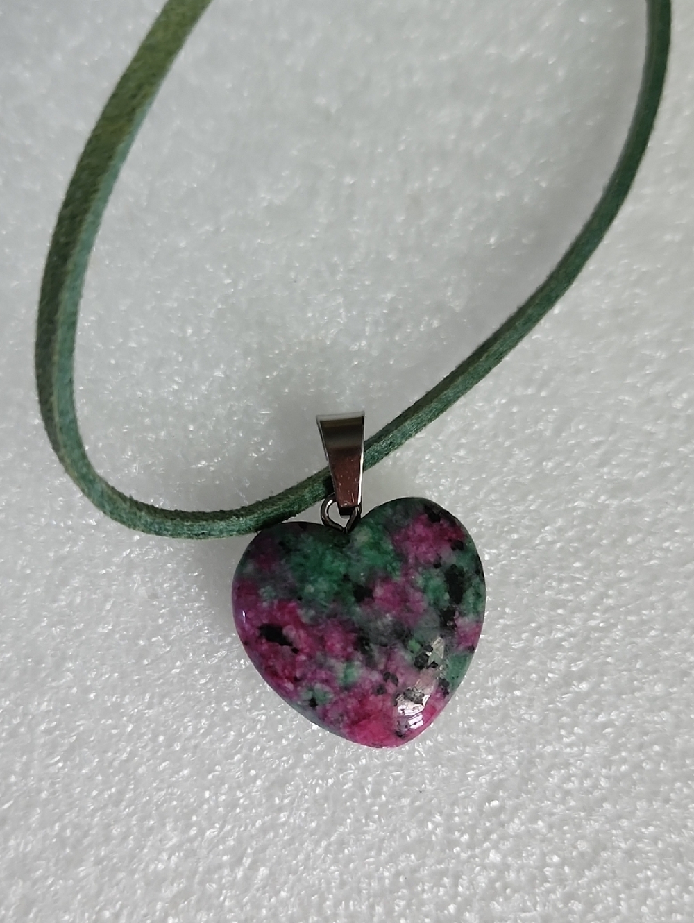 Hand Crafted Pink & Green Heart Pendant Necklace on Green Cord
